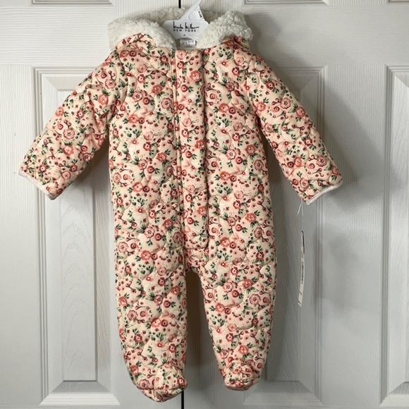NWT Nicole Miller New York- Hooded Snowsuit One Piece Pink Floral 3/6M - Picture 1 of 16